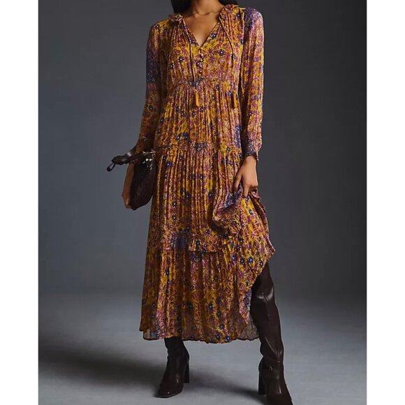 Anthropologie Slip Chiffon Maxi Dress Dorset Button Ruffle Tassel Smocked Gold S - Picture 1 of 15